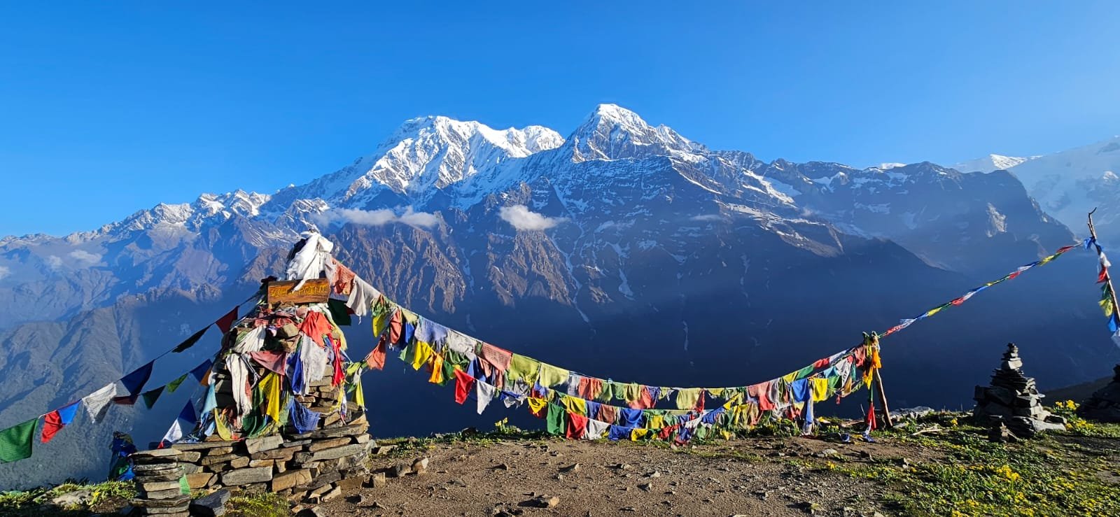 Prayer flags with snow-capped Himalayan mountains in the background under a clear blue sky.