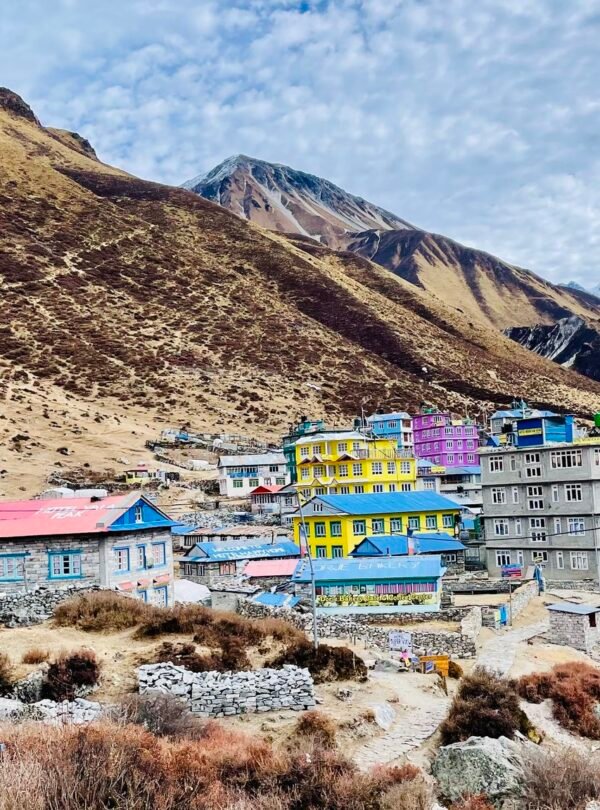 A picturesque view of Kyanjin Village nestled in the Langtang Valley, surrounded by snow-capped Himalayan mountains.
