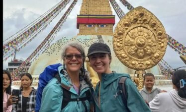 Tourists at Boudhanath Stupa, Kathmandu, Nepal: Iconic stop on a Kathmandu day tour.