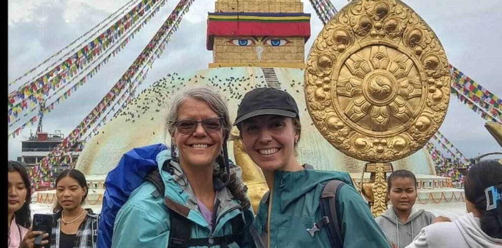 Tourists at Boudhanath Stupa, Kathmandu, Nepal: Iconic stop on a Kathmandu day tour.