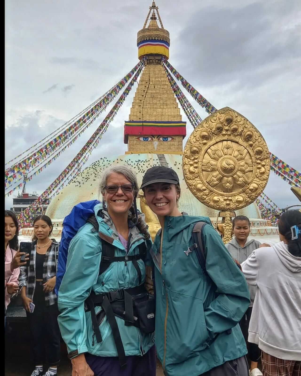 Tourists at Boudhanath Stupa, Kathmandu, Nepal: Iconic stop on a Kathmandu day tour.