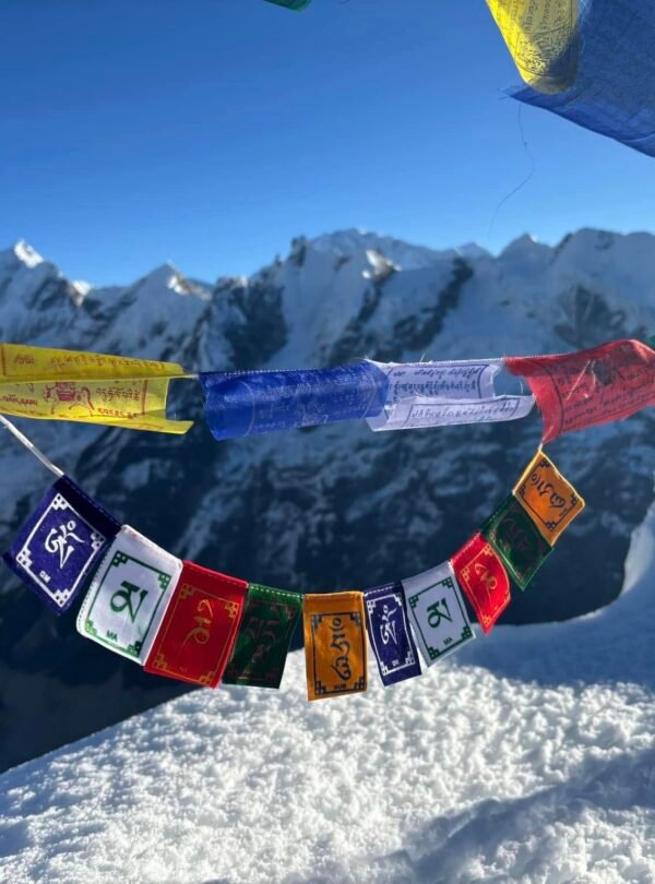 Tibetan prayer flags fluttering at Yala Peak summit with stunning snow-covered Himalayas in the background – Yala Peak Climbing, Langtang Valley Trek.