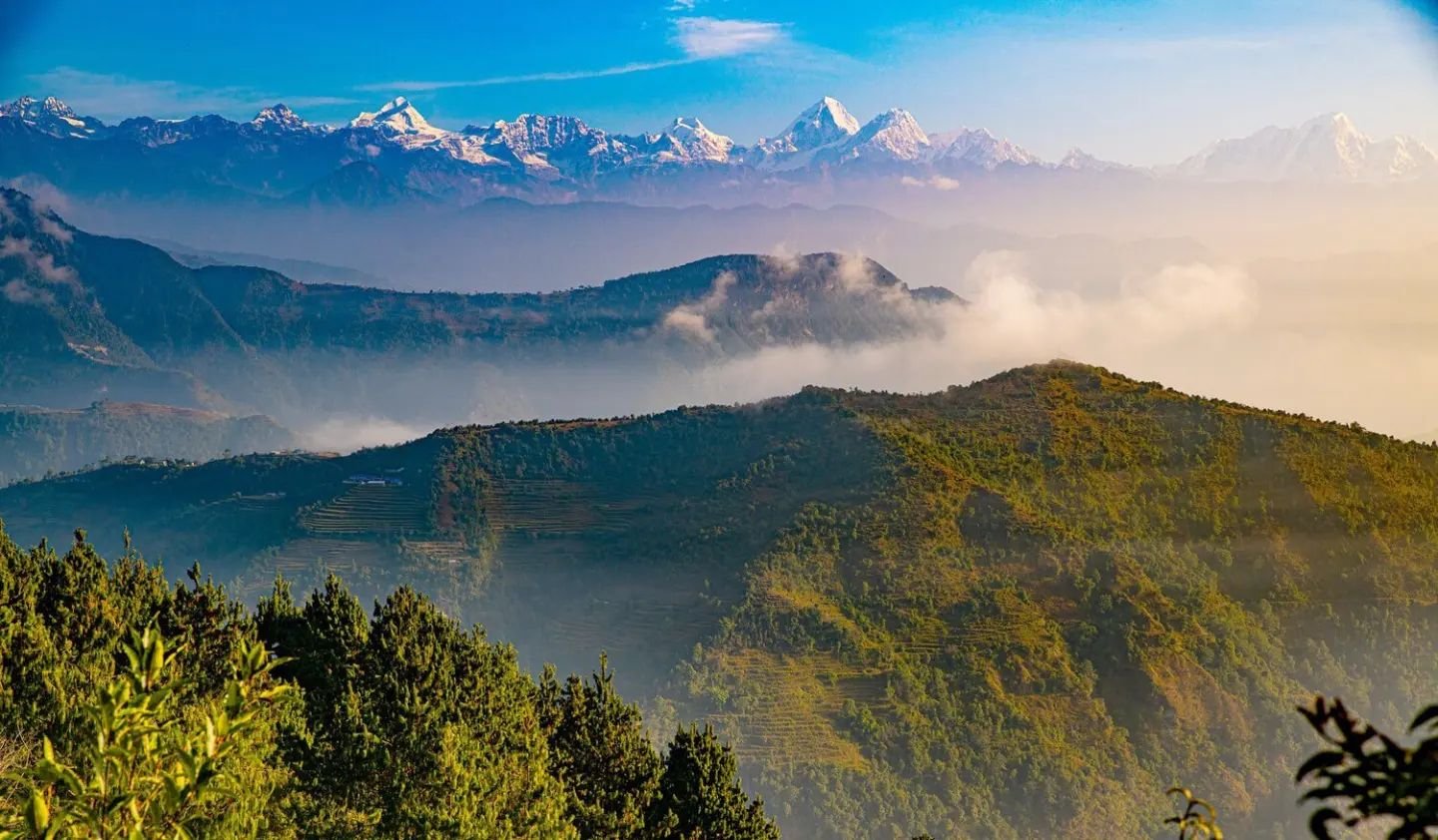 Breathtaking sunrise view of the Himalayas from Nagarkot, captured during the 3 Days Chisapani Nagarkot Trek in Nepal.