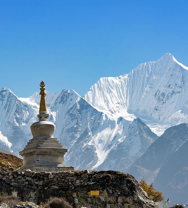A Buddhist stupa standing against the backdrop of snow-capped Himalayan peaks in Kyanjin, Langtang Valley, under a clear blue sky.