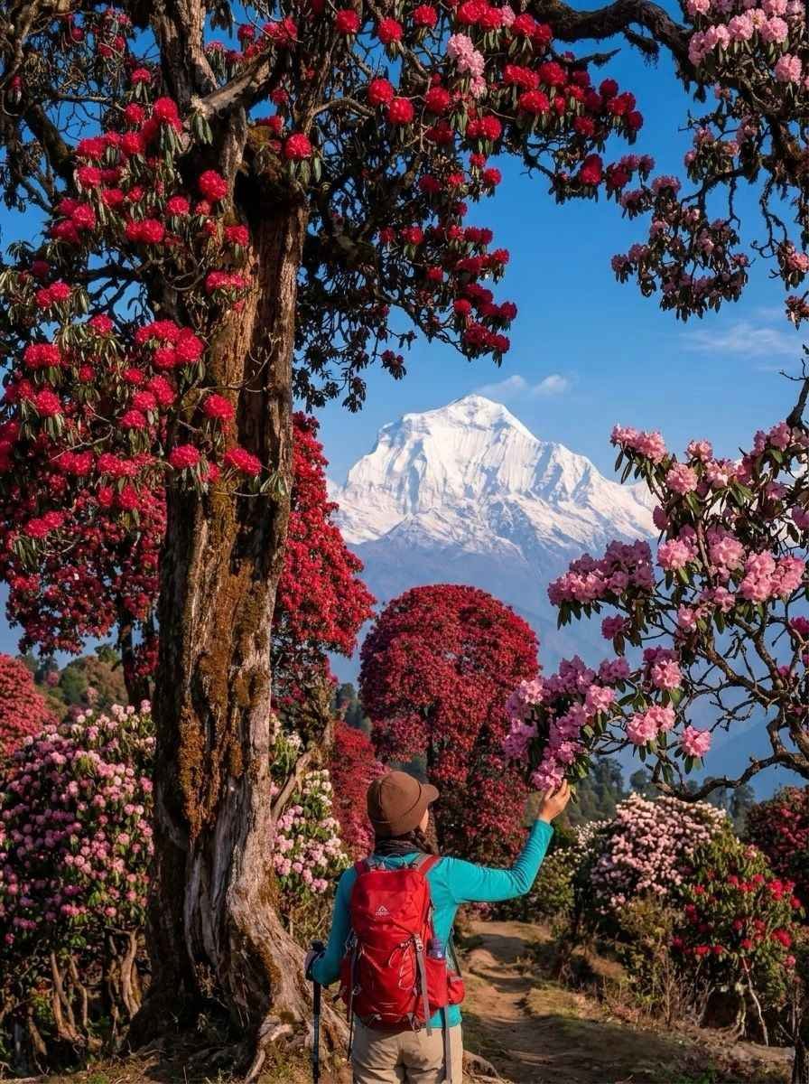 Ghorepani Poon Hill Trek in spring with rhododendron forest and Annapurna mountain view Nepal