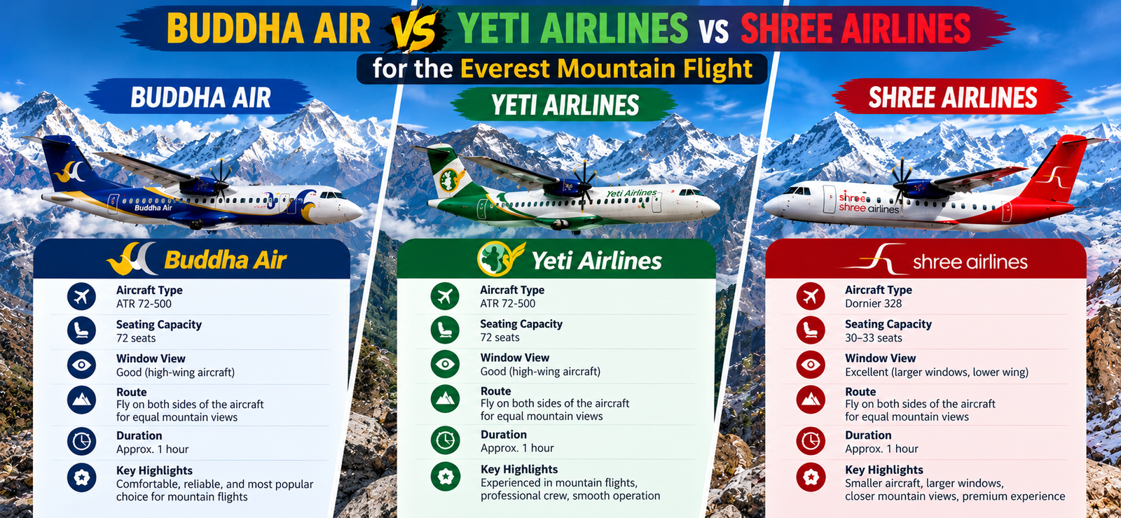 Buddha Air vs Yeti Airlines vs Shree Airlines for the Everest Mountain Flight